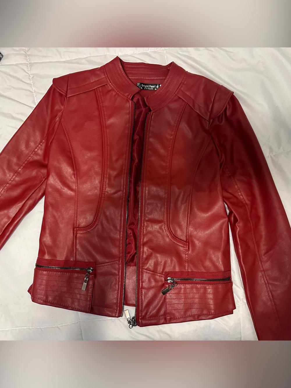 Red Faux Leather Moto Jacket with Zip Pockets